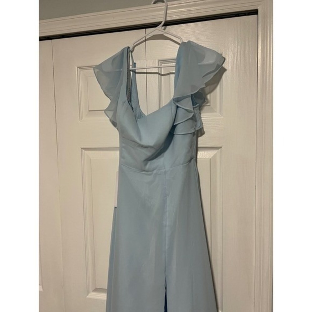 Azazie Bridesmaid Dress Ruffle Sleeves Formal Gown Maxi Sky Blue Custom Size